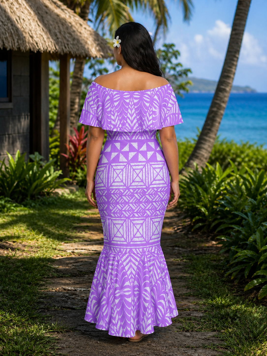 TALIA DRESS - OFF SHOULDER FRILL MAXI - PURPLE & WHITE