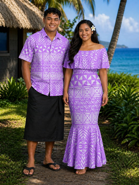 TALIA DRESS - OFF SHOULDER FRILL MAXI - PURPLE & WHITE
