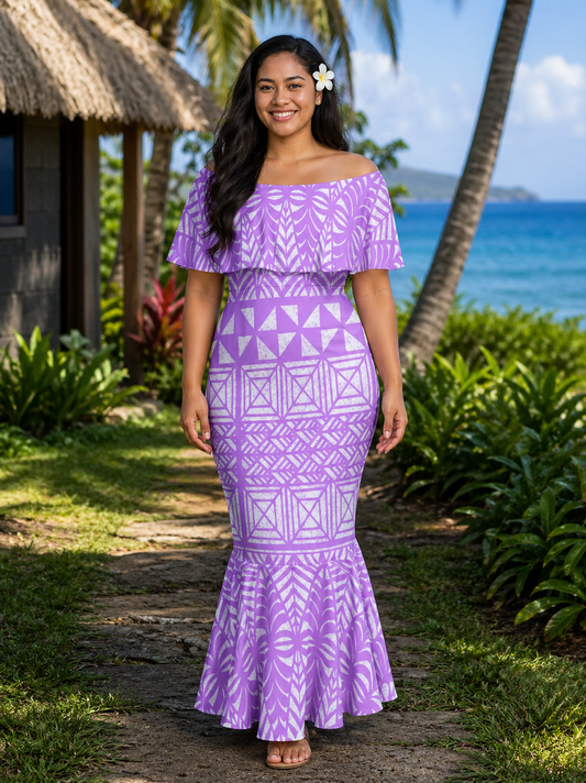 TALIA DRESS - OFF SHOULDER FRILL MAXI - PURPLE & WHITE