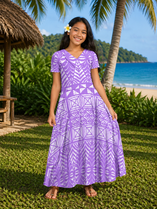 TALIA GIRLS DRESS - FLOWY DRESS - PURPLE & WHITE