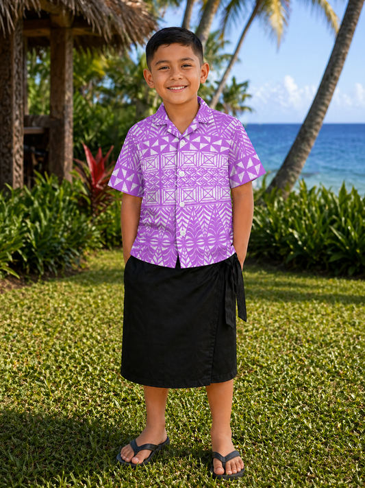 TUATUA BOYS SHIRT - COLLARED SHIRT - PURPLE & WHITE