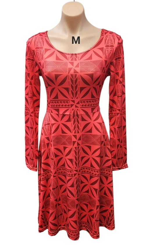 RED LONG SLEEVE ISLAND TRIBAL OFF DRESS -SIZE MEDIUM