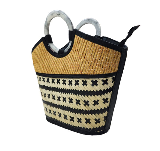 ISLAND INSPIRED WOVEN MAT BAG WITH BLACK INTERIOR - BLACK CROSSES