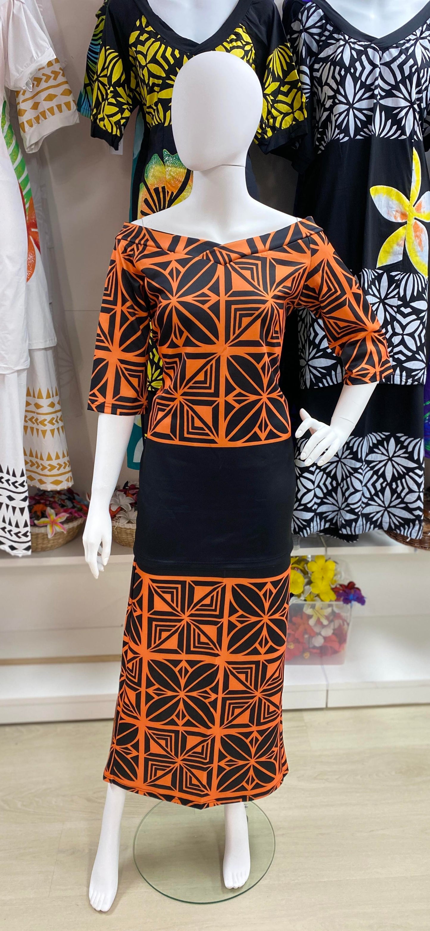 V - NECK PULETASI TWO PIECE DRESS - BLACK & ORANGE - SIZE M/L&2XL