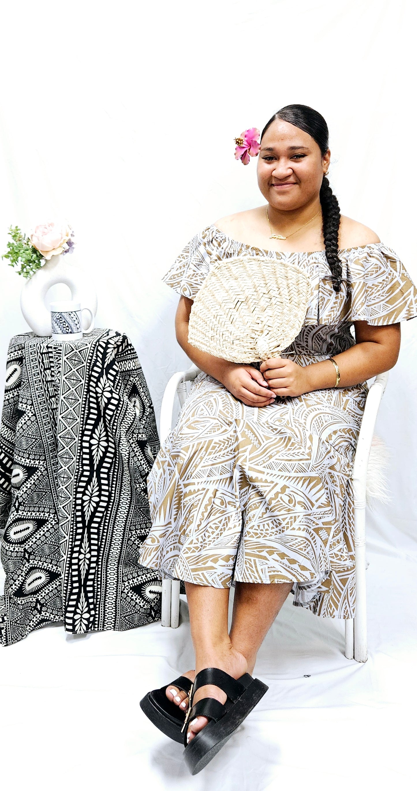 KALANI - OFF SHOULDER FRILL MAXI DRESS - GREY & BEIGE
