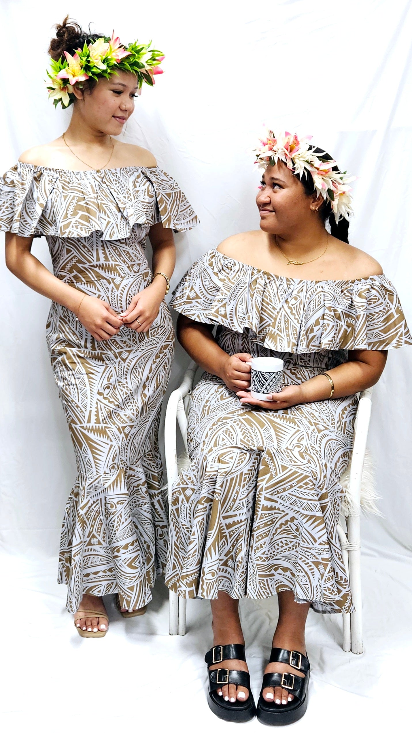 KALANI - OFF SHOULDER FRILL MAXI DRESS - GREY & BEIGE