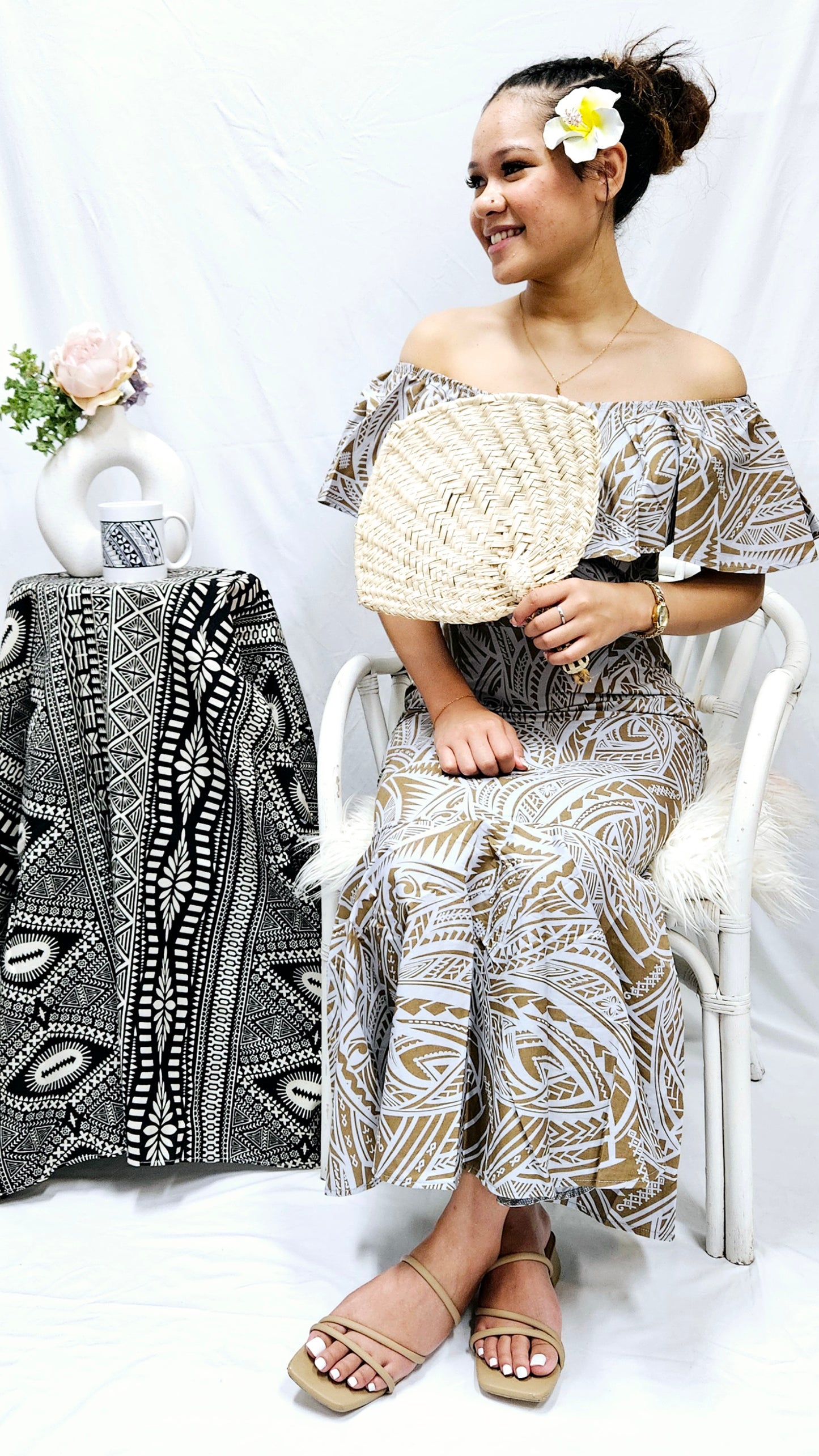 KALANI - OFF SHOULDER FRILL MAXI DRESS - GREY & BEIGE
