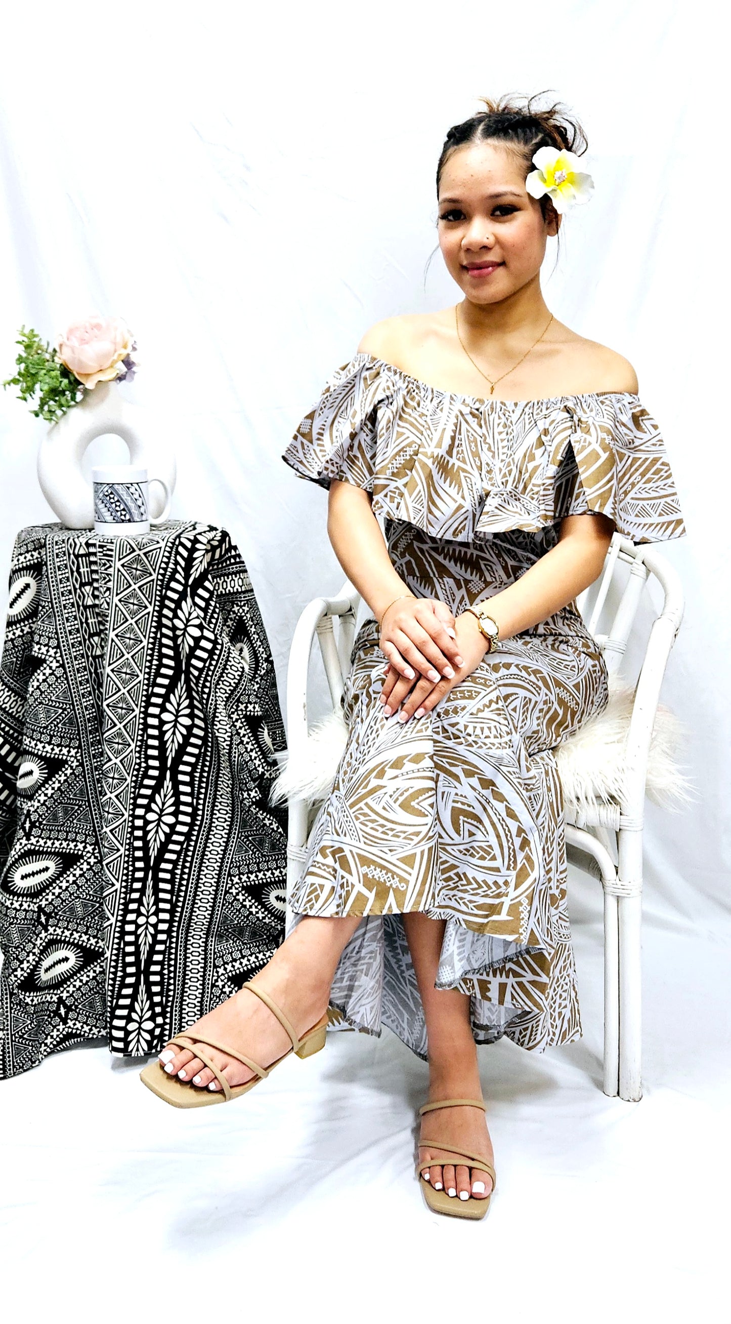 KALANI - OFF SHOULDER FRILL MAXI DRESS - GREY & BEIGE