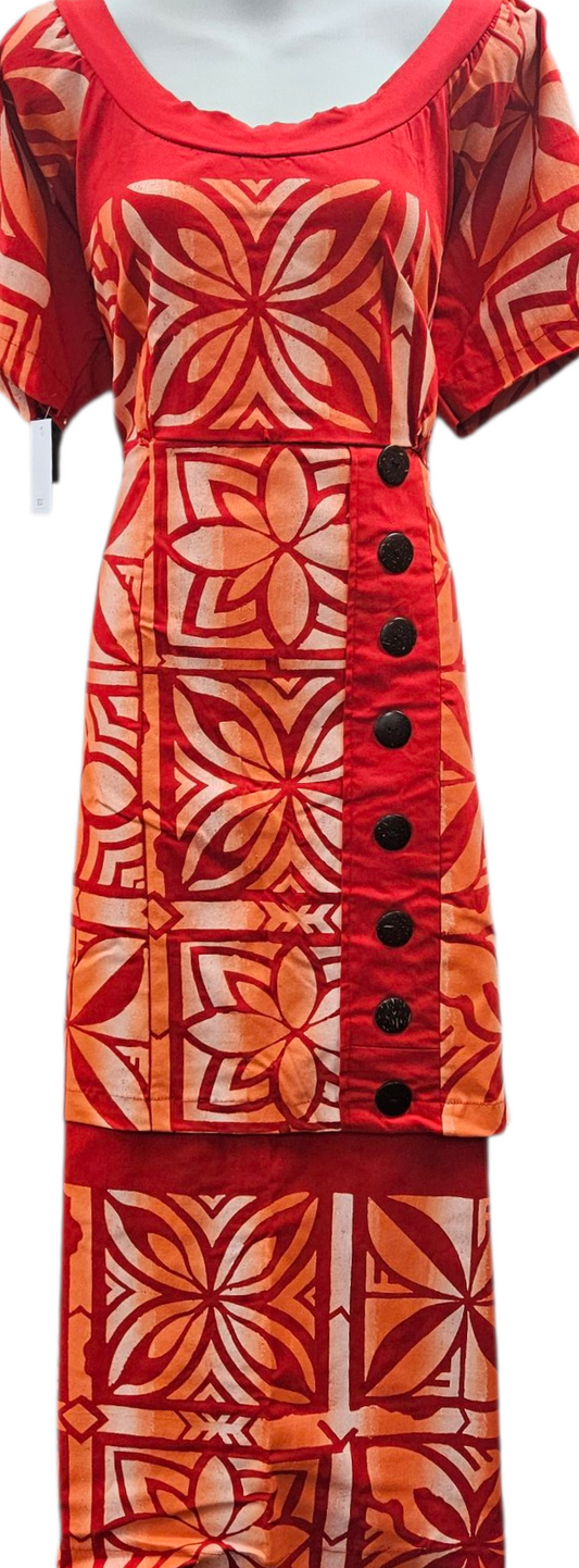 RED ORANGE/TINGE WHITE ISLAND PULETASI - SIZE 18