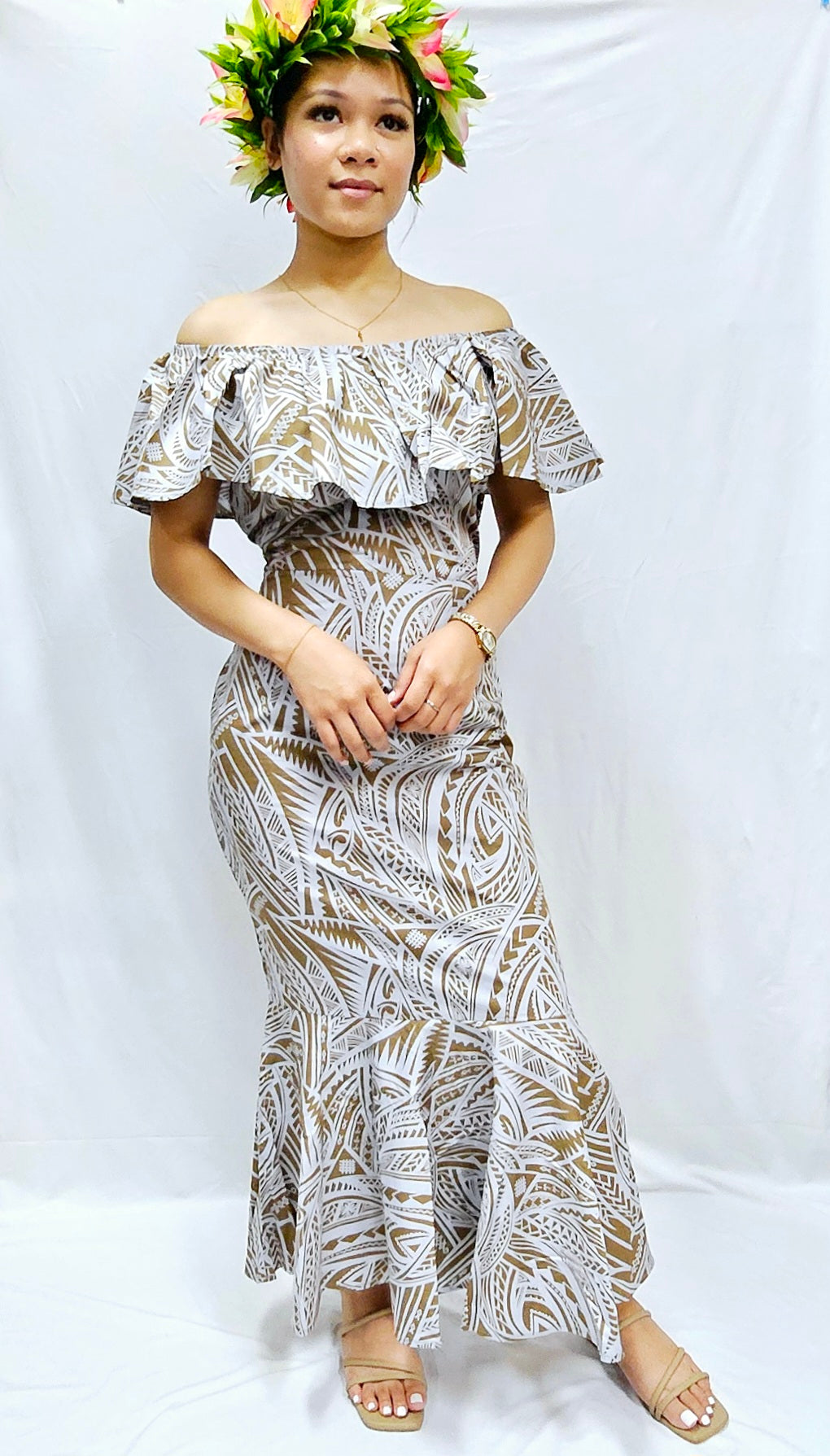 KALANI - OFF SHOULDER FRILL MAXI DRESS - GREY & BEIGE