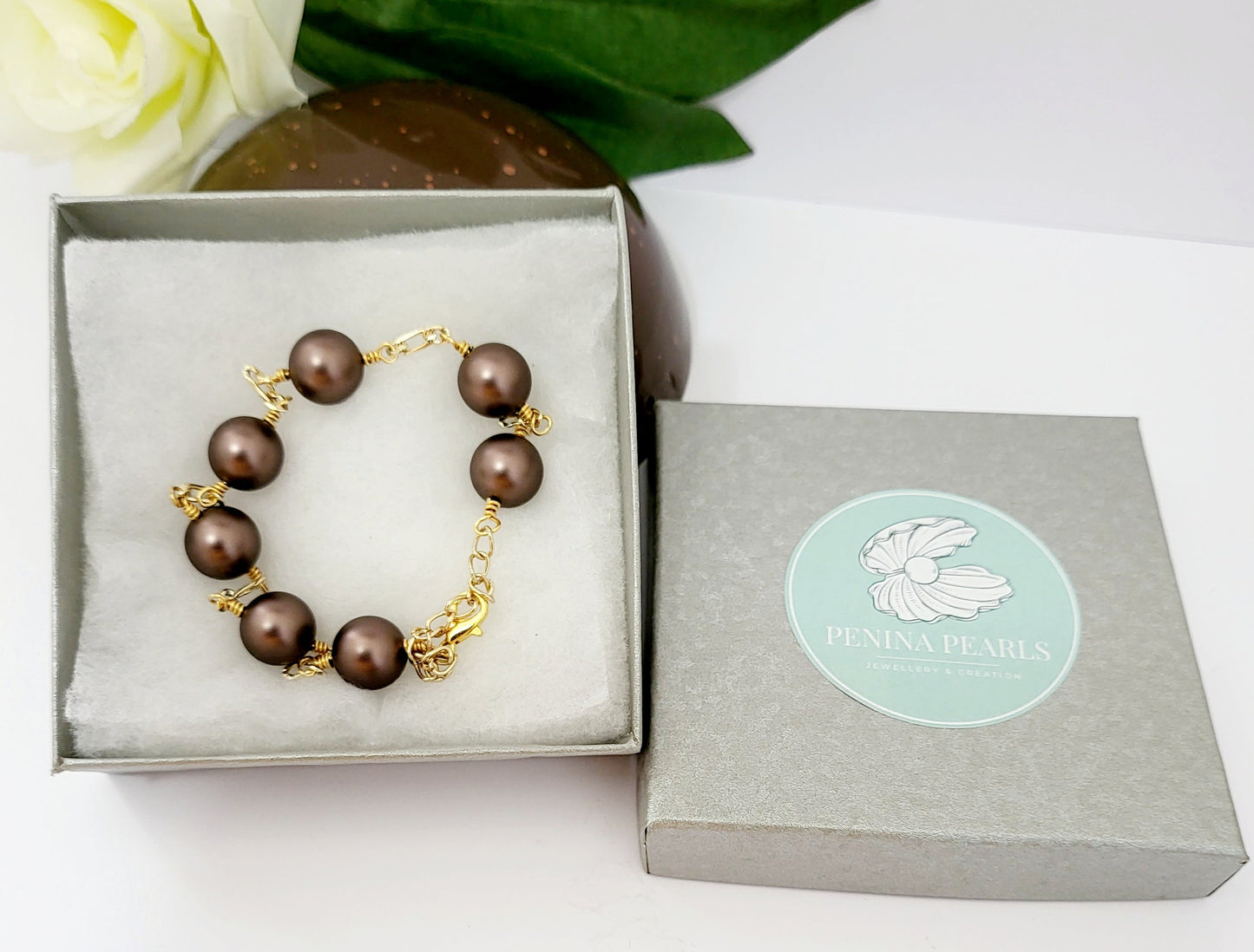 Breeanna Bracelet - 12mm Rose Iridisent Chocolate Swarovski Pearls