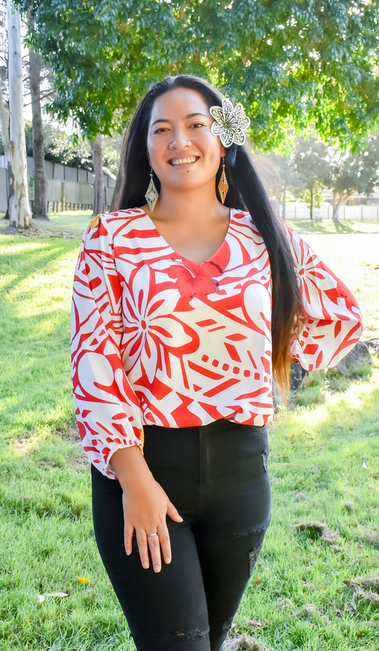 MELANIE BLOUSE - RED & WHITE - LONG SLEEVE V NECK BLOUSE