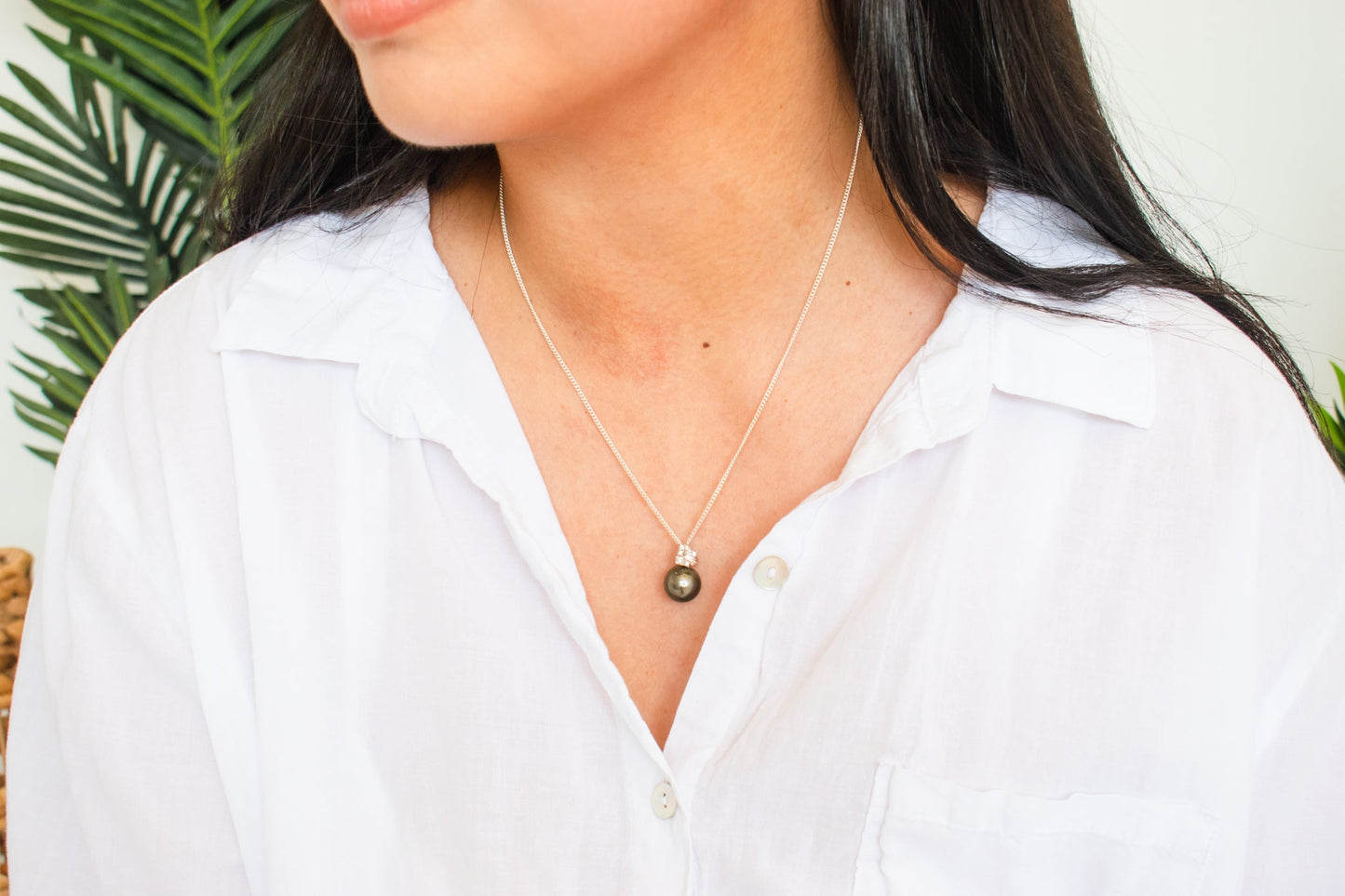 FLORAL TAHITIAN PENDANT (12-13mm)  NECKLACE - 925 Sterling Silver
