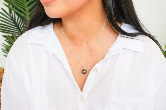 FLORAL TAHITIAN PENDANT (12-13mm)  NECKLACE - 925 Sterling Silver
