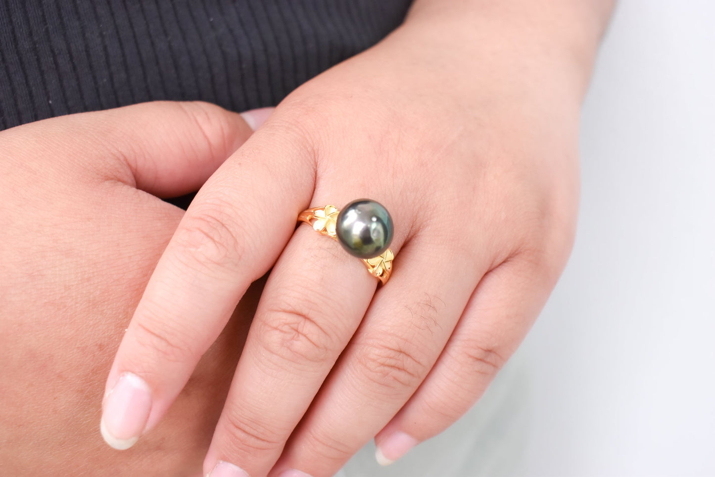 NALIA RING - Duo gold plumeria with genuine Tahitian pearl ring - 925 Sterling Silver