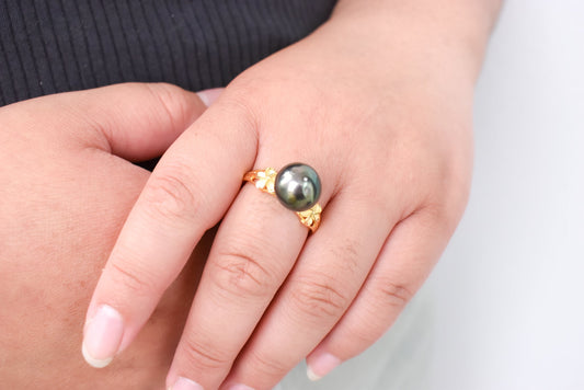 NALIA RING - Duo gold plumeria with genuine Tahitian pearl ring - 925 Sterling Silver