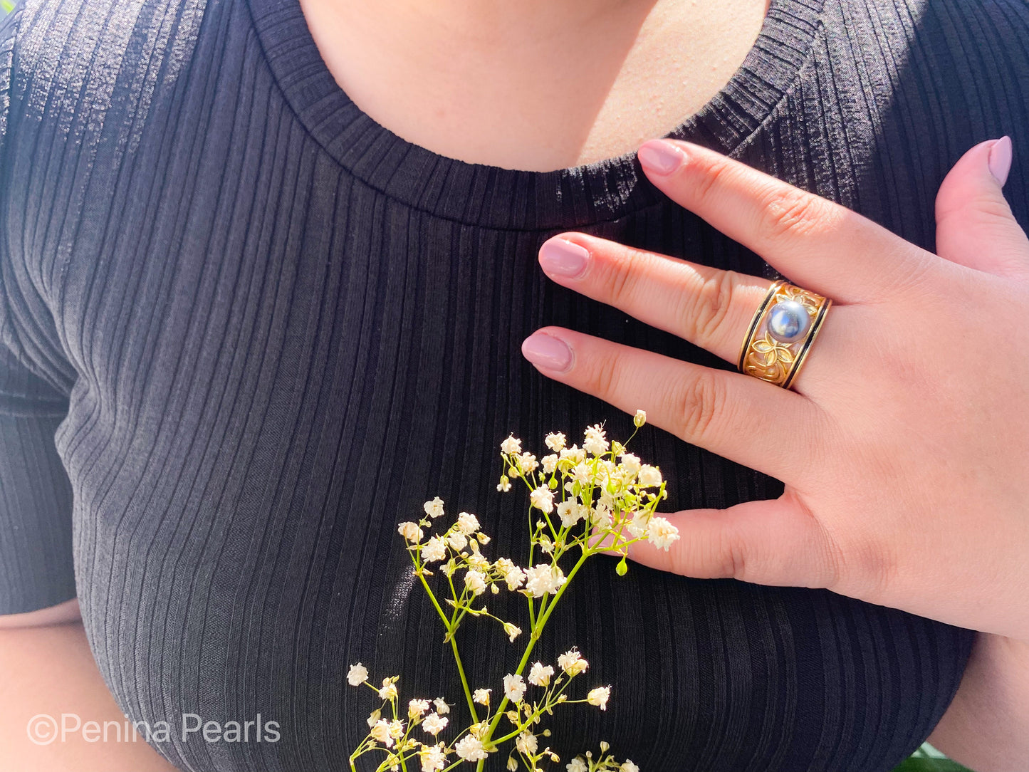 PUAMERIA Black Shell Pearl Ring