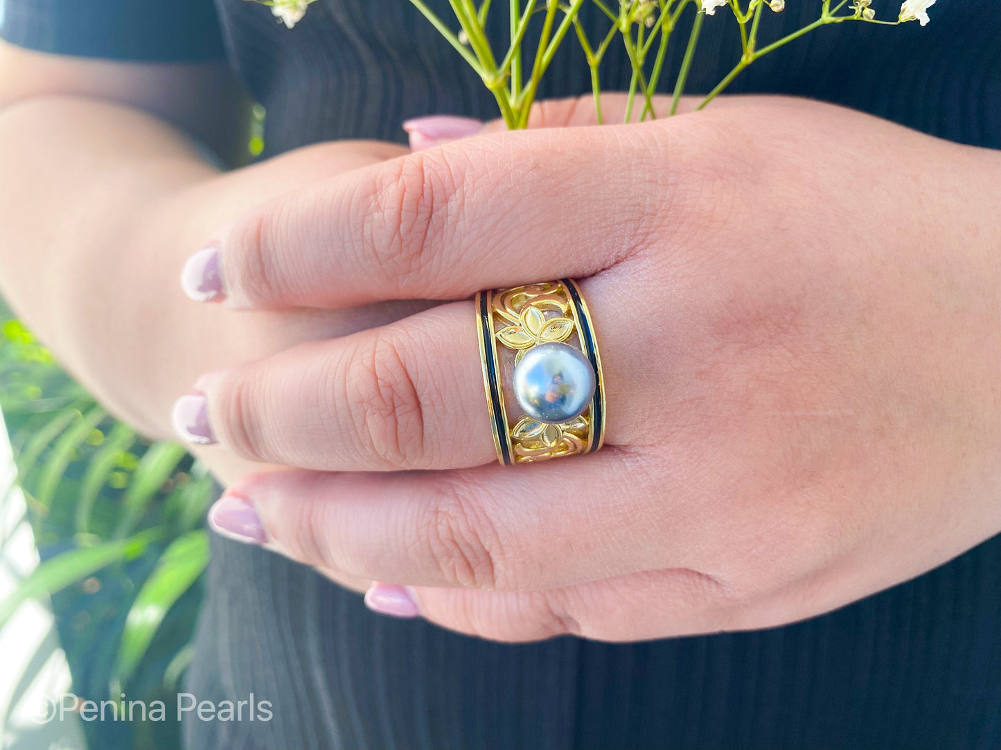 PUAMERIA Black Shell Pearl Ring