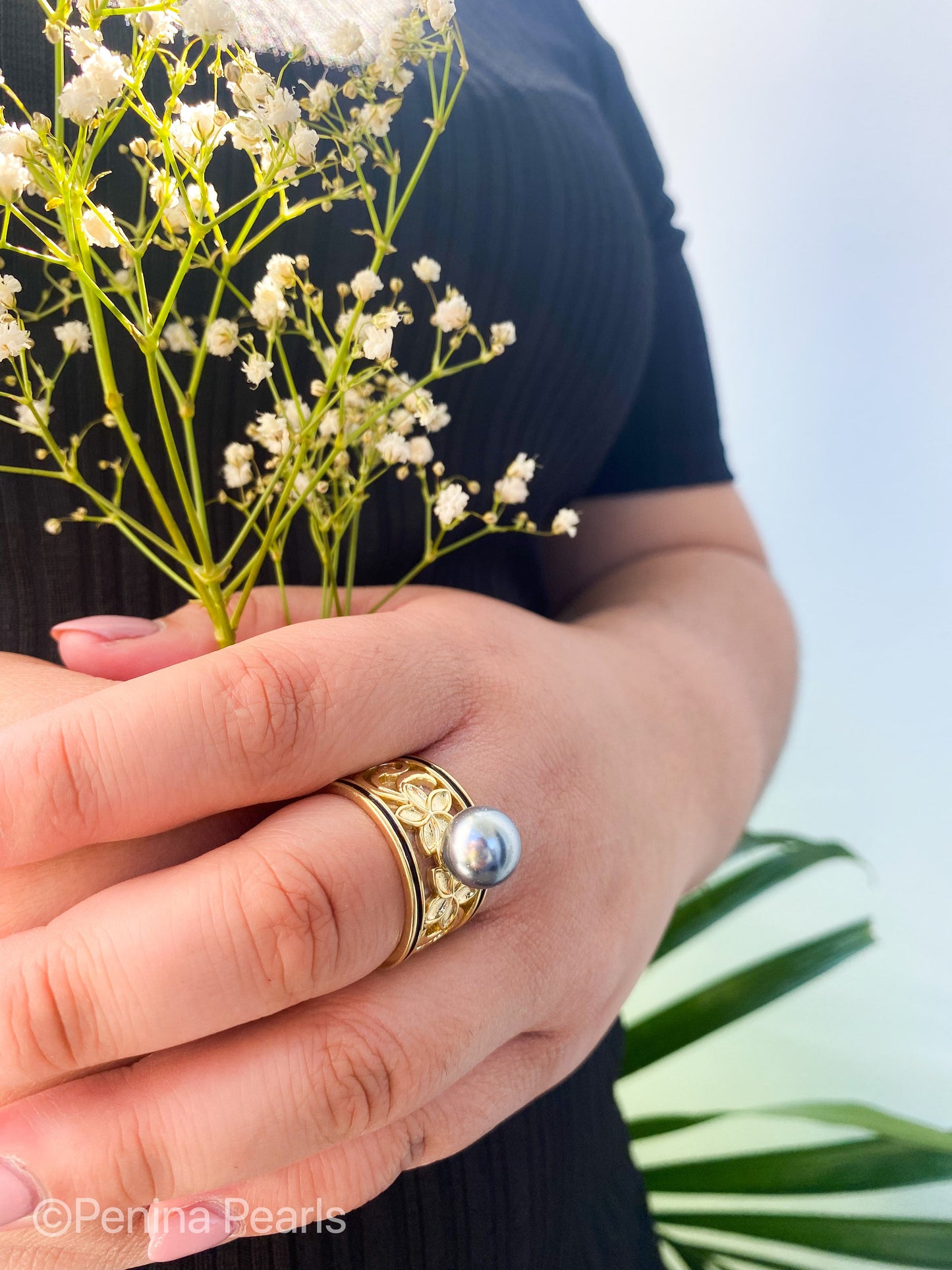 PUAMERIA Black Shell Pearl Ring