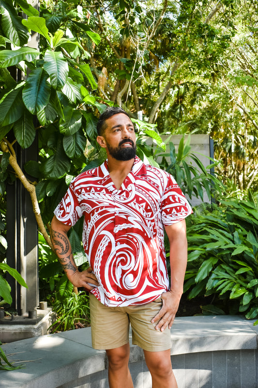 TANE SHIRT - COLLARED RED SHIRT - MAORI PATTERN