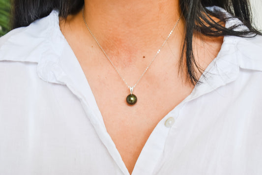 SINGLE DROP TAHITIAN PENDANT (13MM) NECKLACE - 925 Sterling Silver